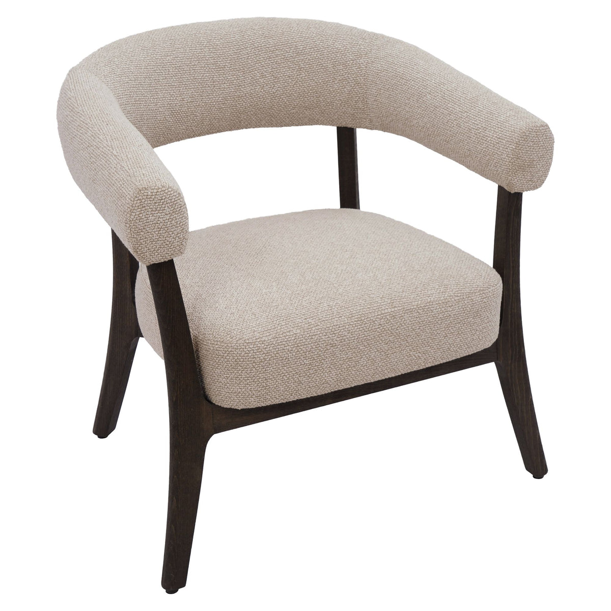 Three-quarter studio view of the Rowan chair highlighting the unique wrap-around backrest and sculpted wooden legs.