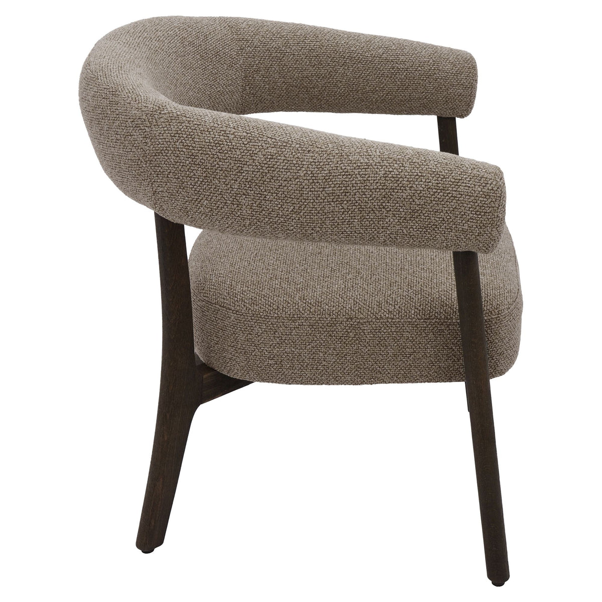 Direct side profile of the Rowan chair showcasing the ergonomic curve of the back and the clean lines of the dark wood frame.