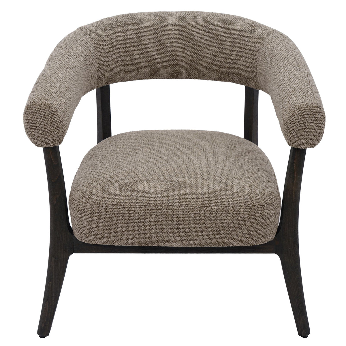Full front studio view of the Rowan accent chair featuring brown textured upholstery and a dark espresso wood frame.
