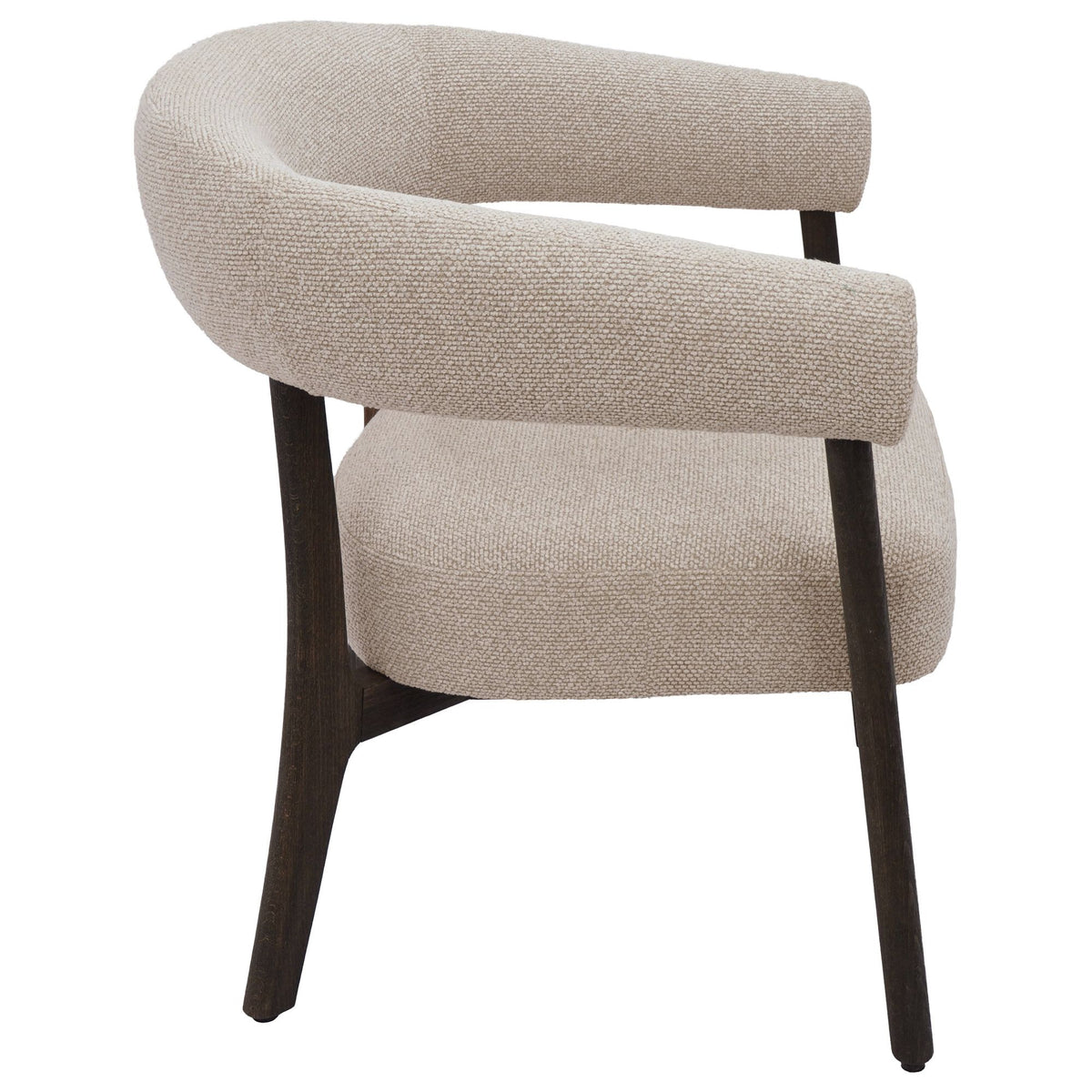 Direct side profile of the Rowan chair emphasizing the ergonomic slant of the backrest and the clean lines of the wood joinery.