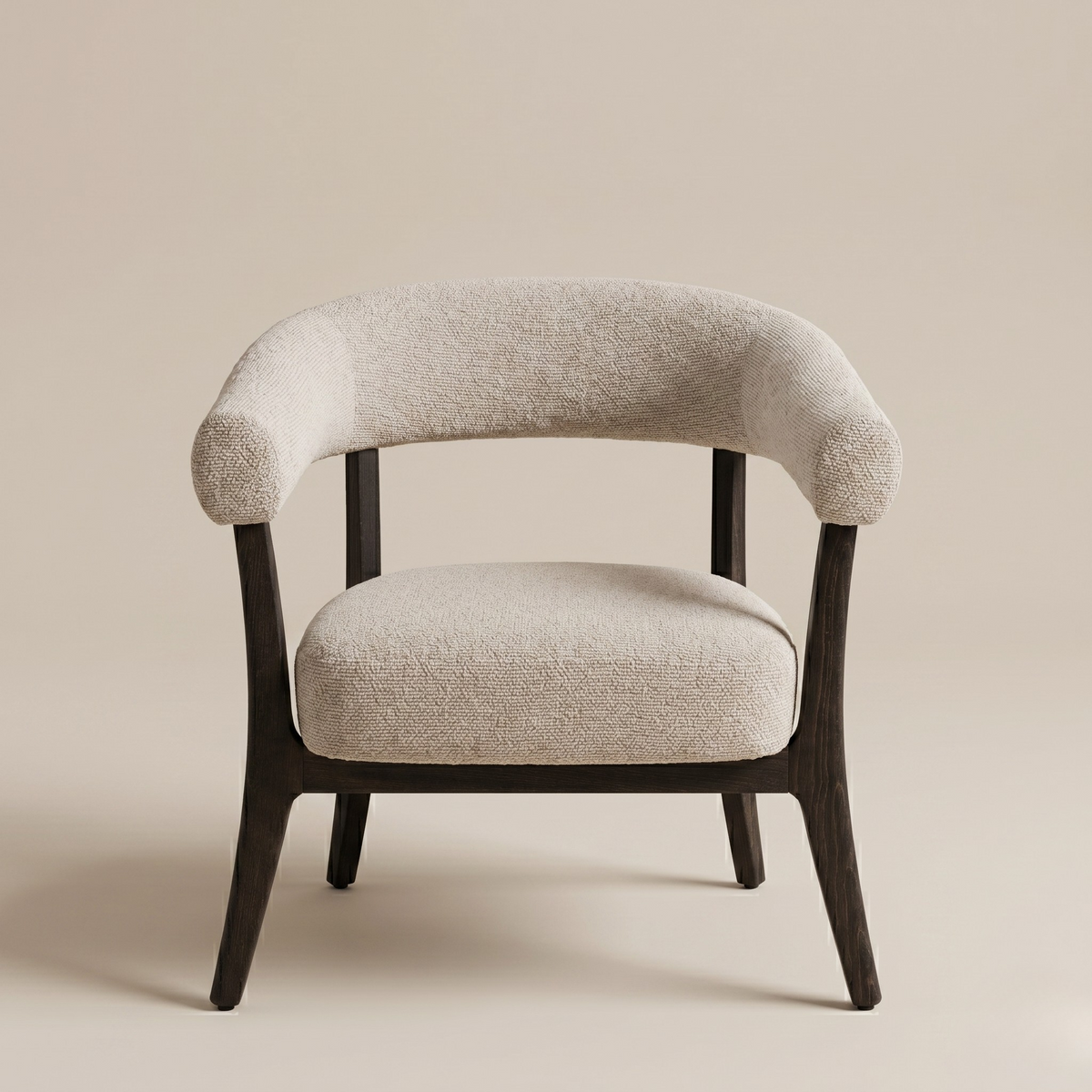 Full front view of the Rowan accent chair featuring oat-colored textured upholstery and a dark espresso wood frame.