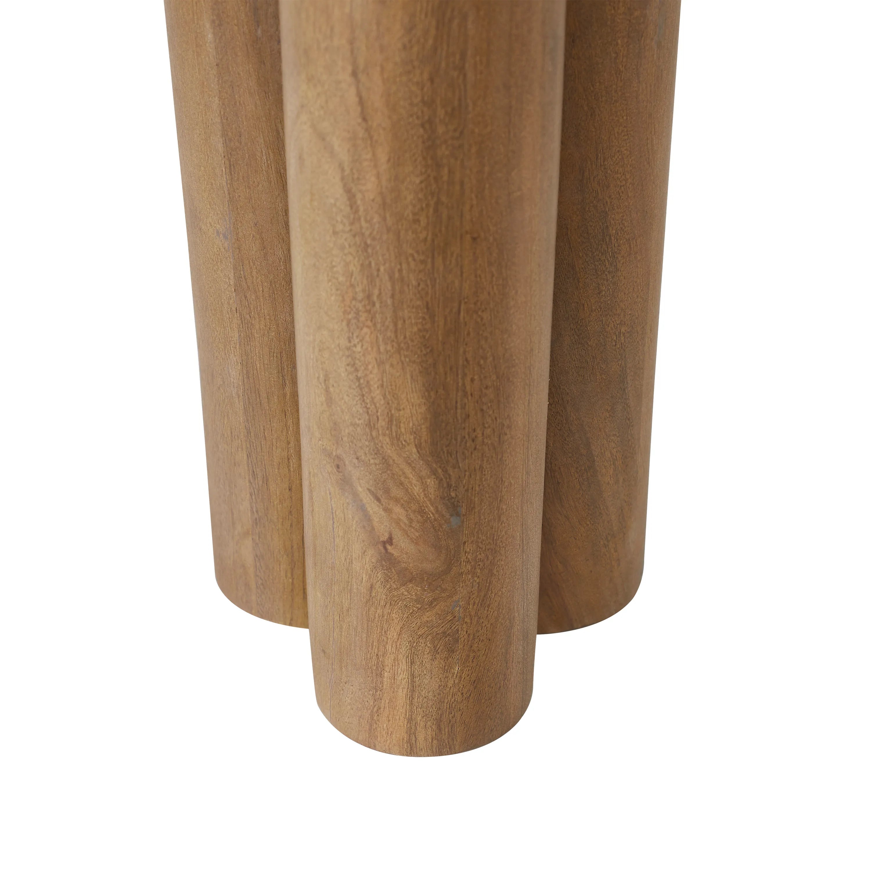 Close up view of the Ryn side table's structural base featuring three thick wooden pillar legs joined at the center.