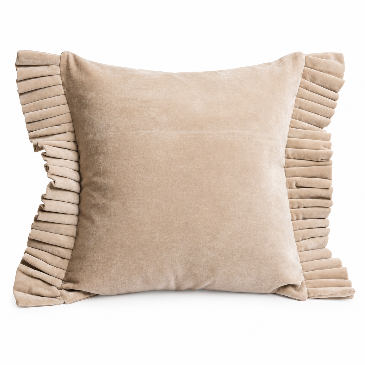 Sabina beige velvet cushion with pleated frill sides, 17 by 17 inches