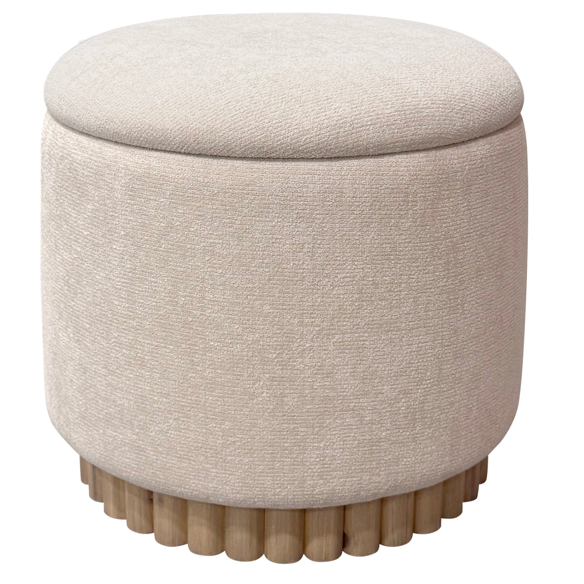 Round beige chenille fabric ottoman with textured surface and wooden base on a white background