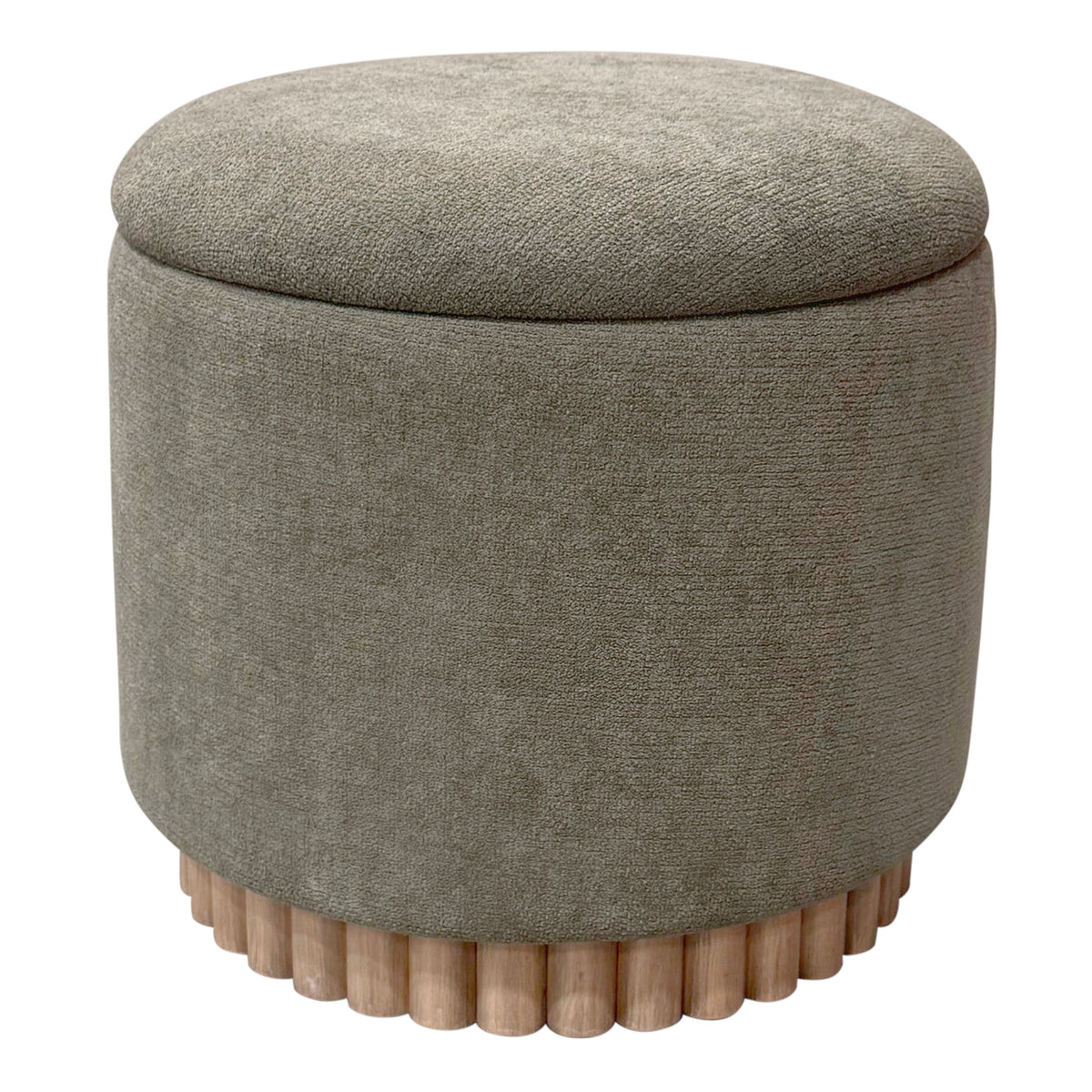 Round storage ottoman with moss color textured fabric and wooden legs on a white background