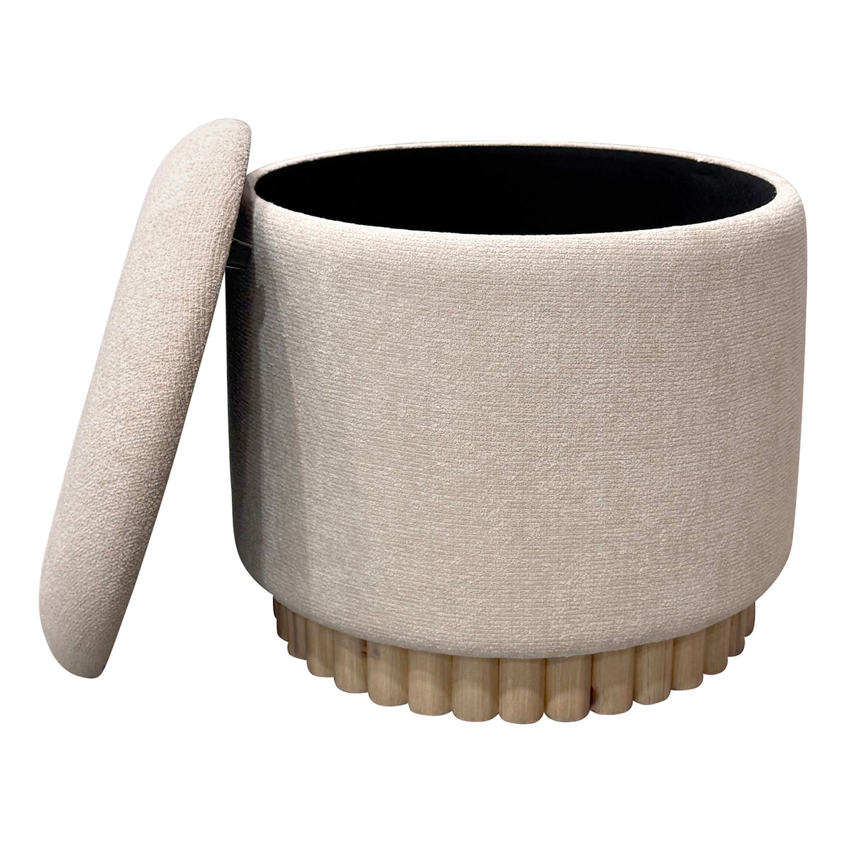 Beige fabric ottoman with a ribbed base on a white background