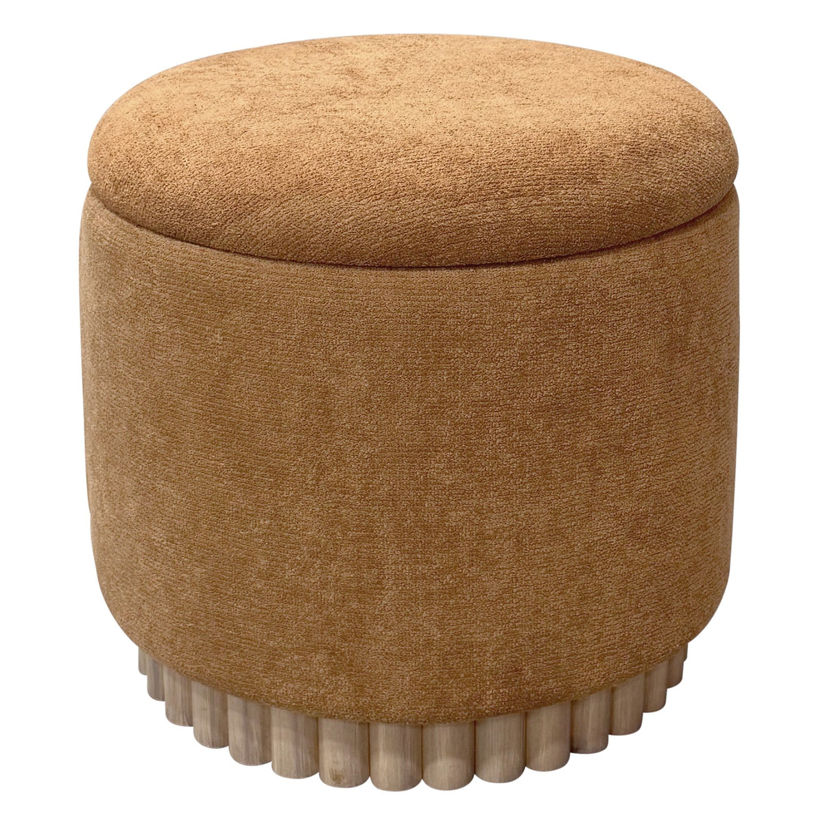 Round brown ottoman with textured surface on a white background