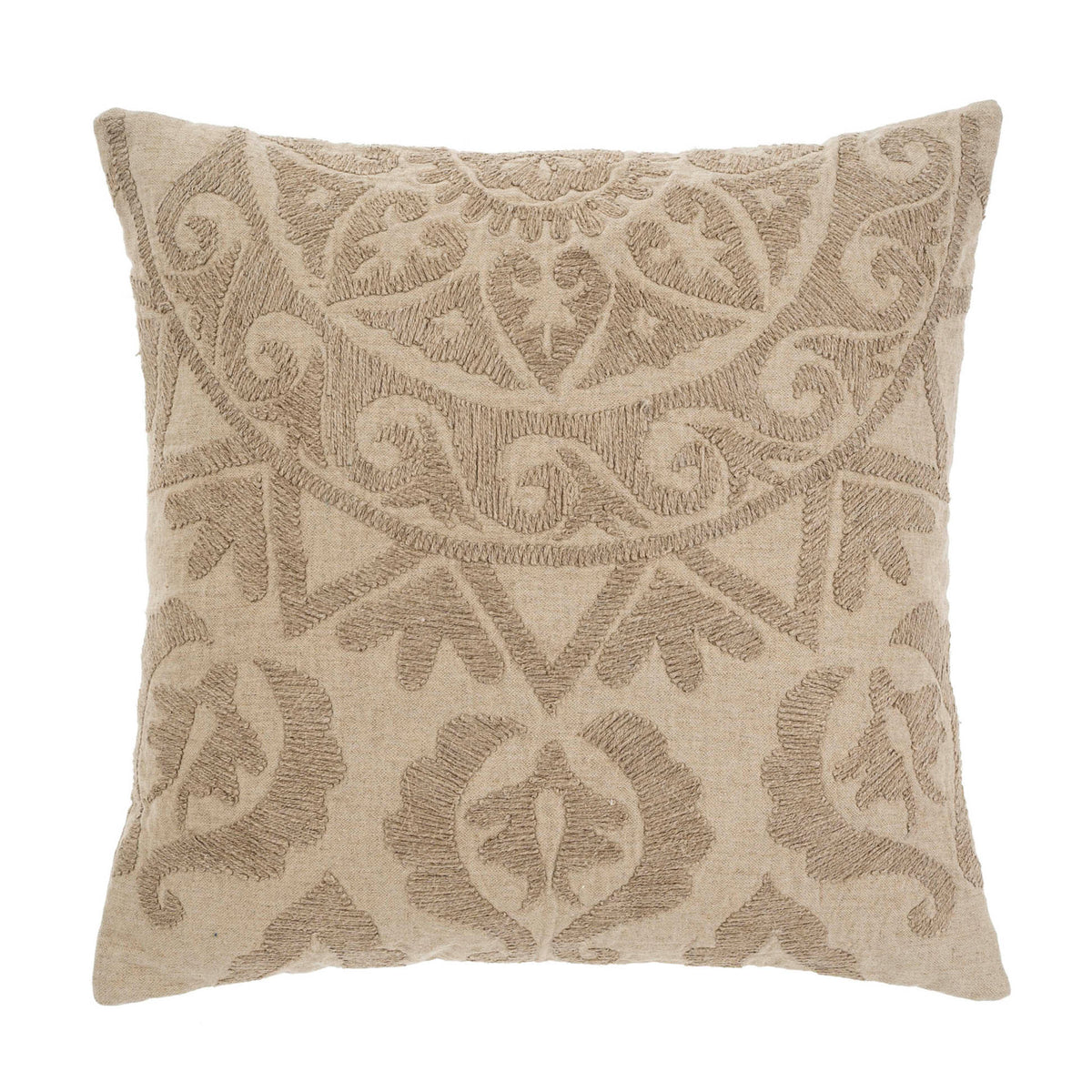 Decorative pillow with intricate pattern on a beige background