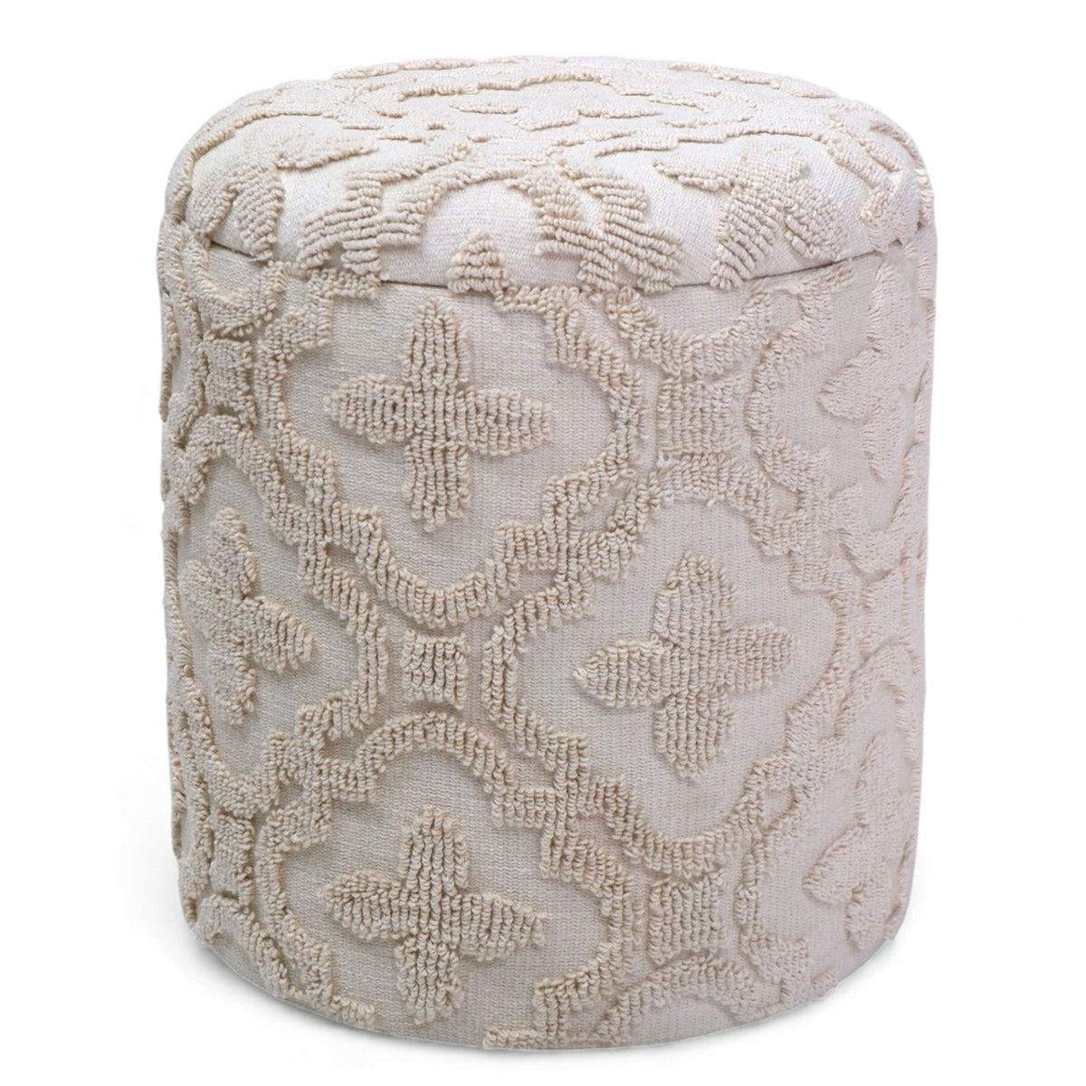 Decorative ottoman with intricate lace pattern on a white background
