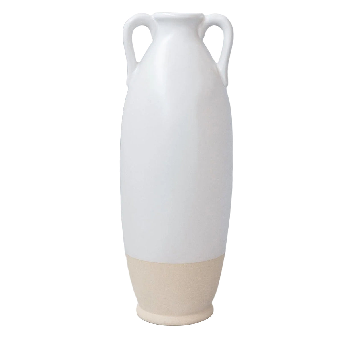 White ceramic vase with a beige base on a light gray background