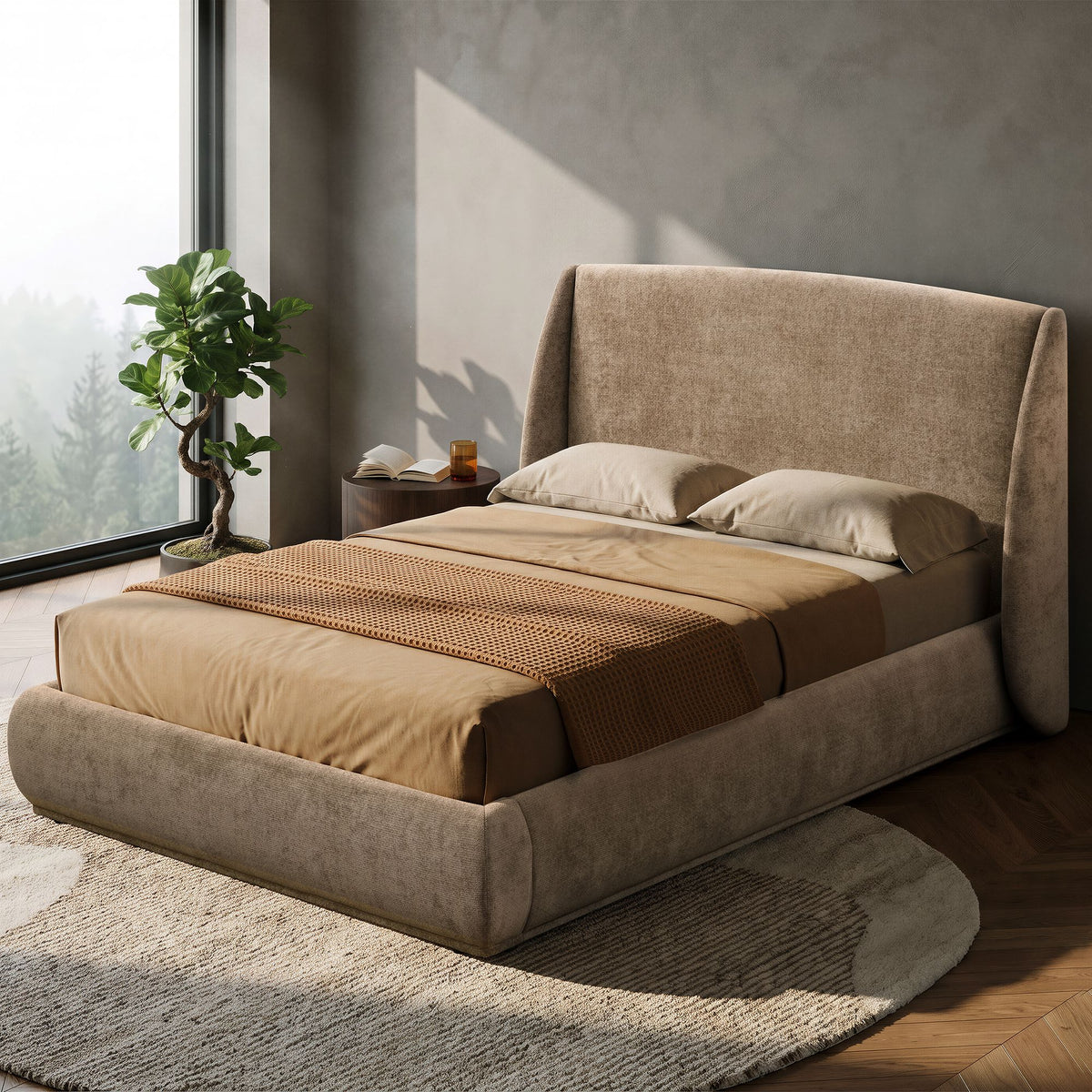Serelle Upholstered Bed in dark beige styled with neutral bedding and a woven throw in a sunlit bedroom.