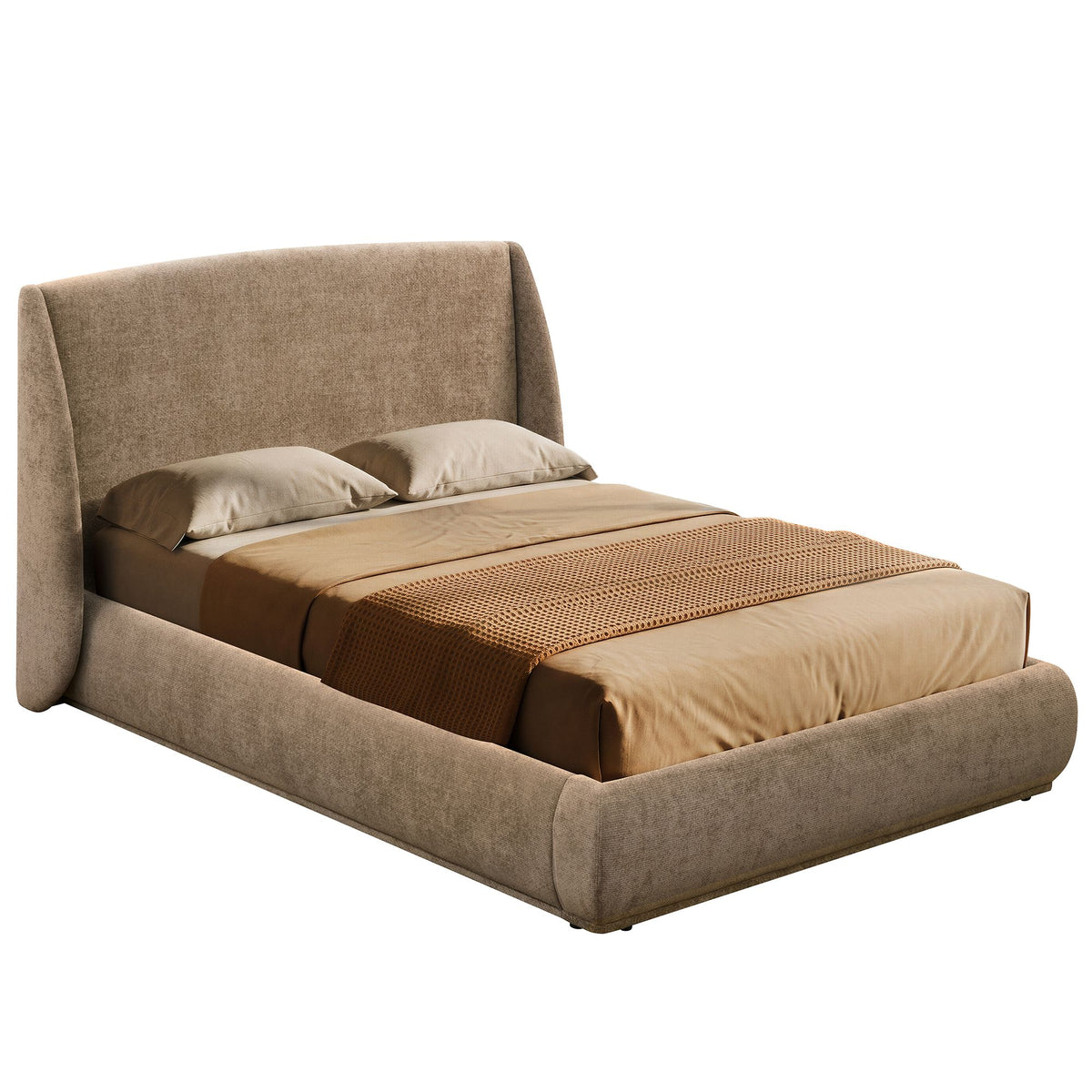 Serelle Upholstered Bed in dark beige with a tall padded headboard, rounded frame, neutral pillows, and a textured throw on a white background.