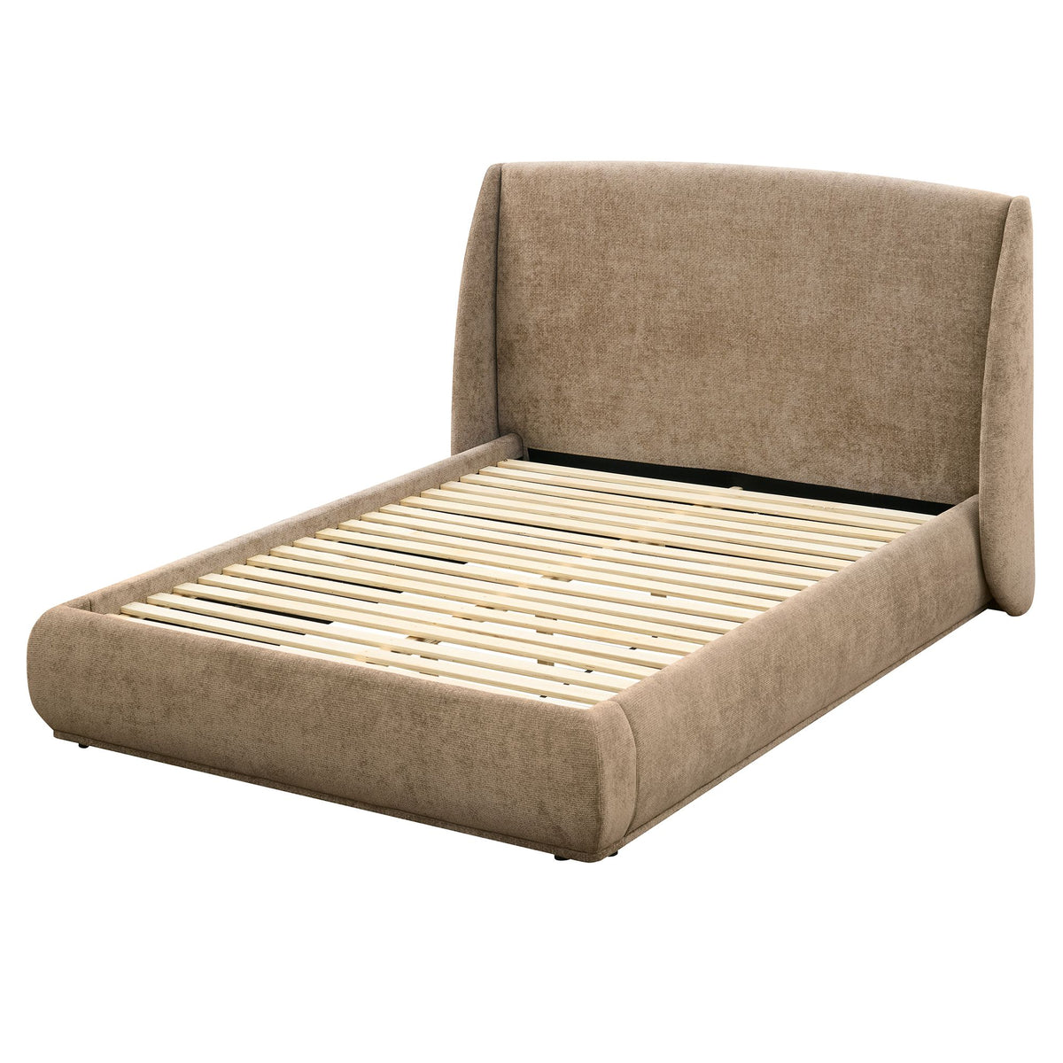 Serelle Queen Upholstered Bed without a mattress, showing the wooden slat platform and dark beige upholstered frame.