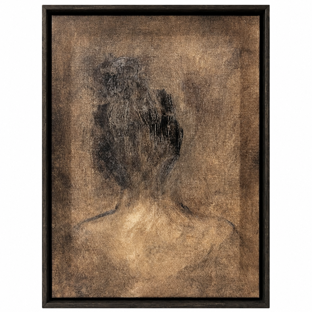 Framed artwork of a nude figure with a textured brown background