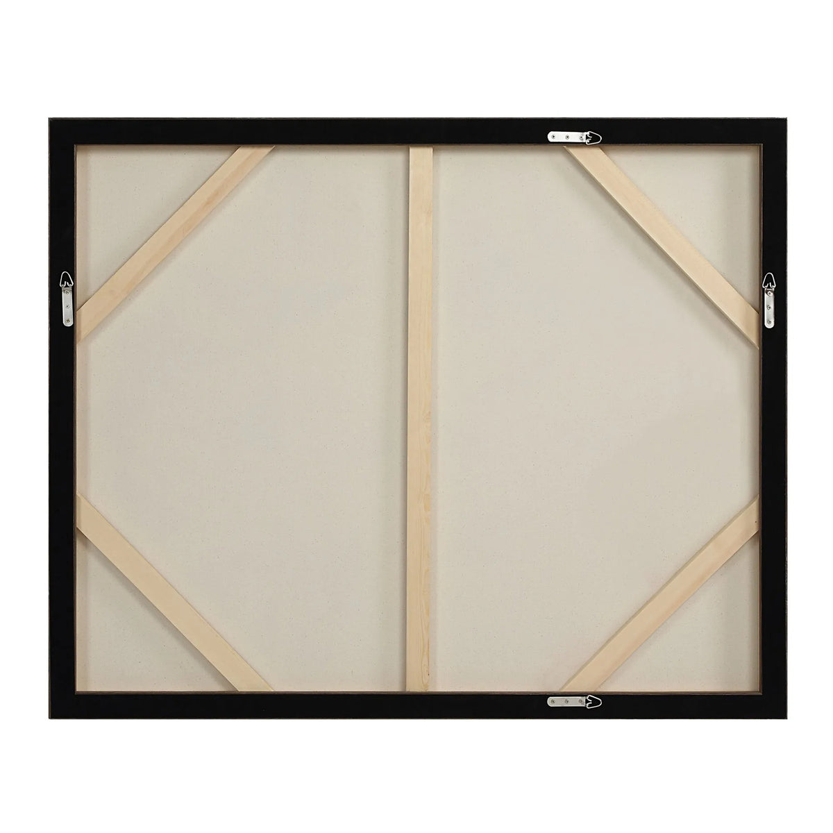 Back view of Silent Flight canvas showing sturdy wooden stretcher bars and pre-installed D-ring hanging hardware.