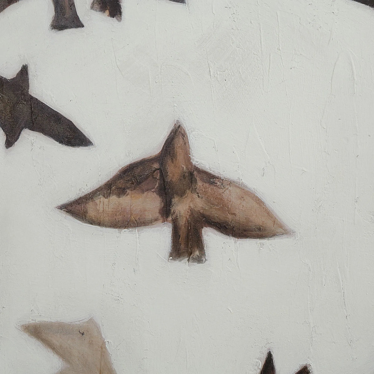 Close up detail of heavy impasto brushwork texture on the wings of the painted birds.