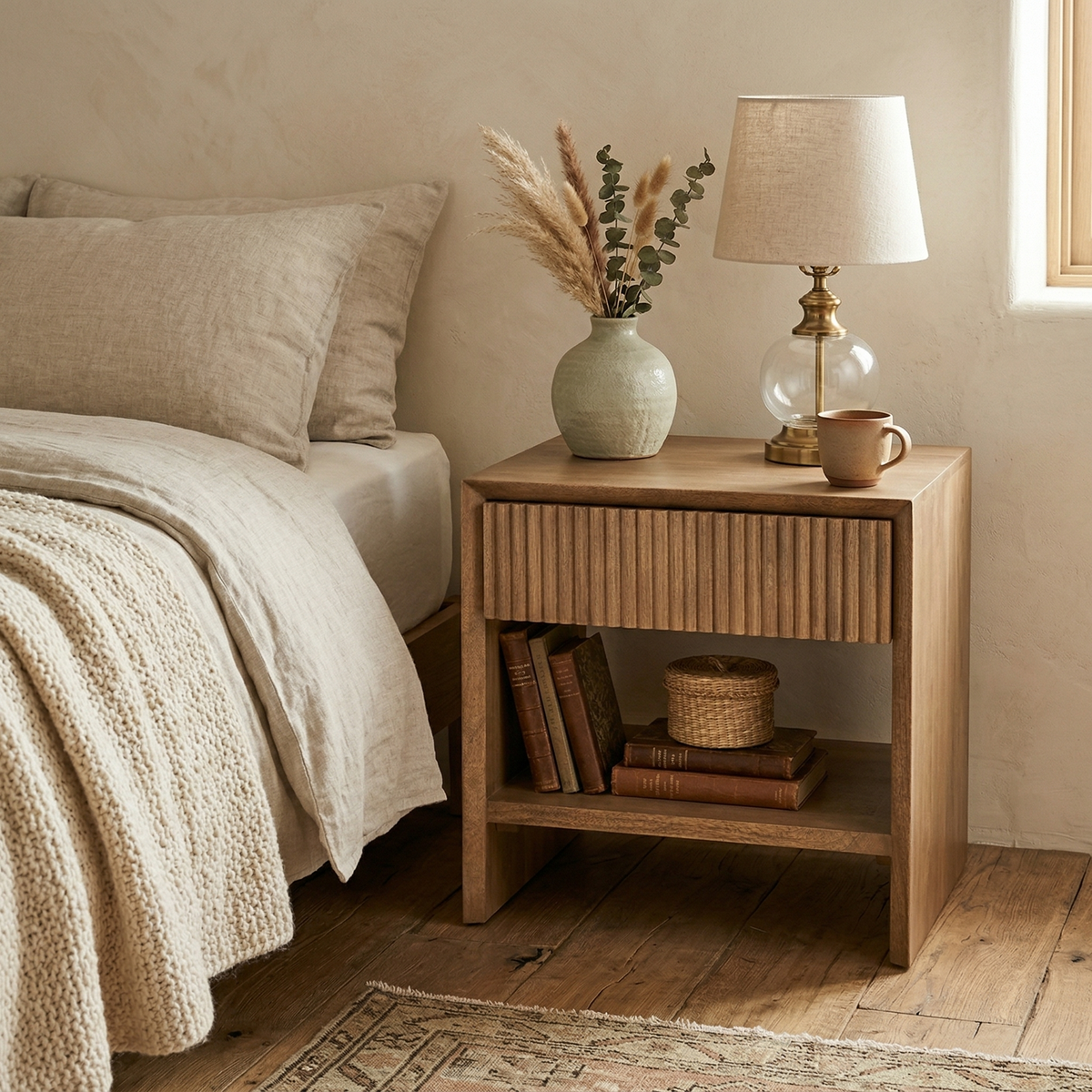 The Silva fluted wood nightstand styled in a cozy bedroom with a glass table lamp, neutral linen bedding, and vintage books.