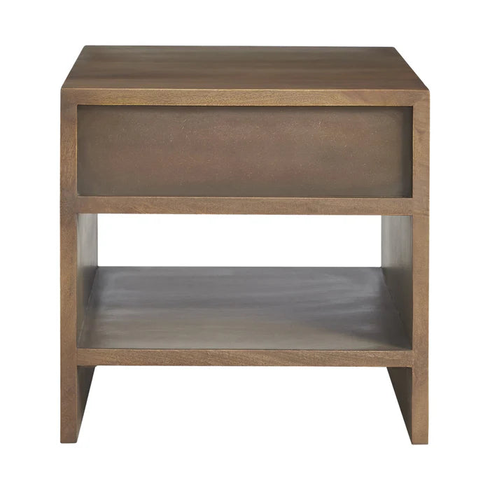 Wooden side table with a single drawer and open shelf on a white background