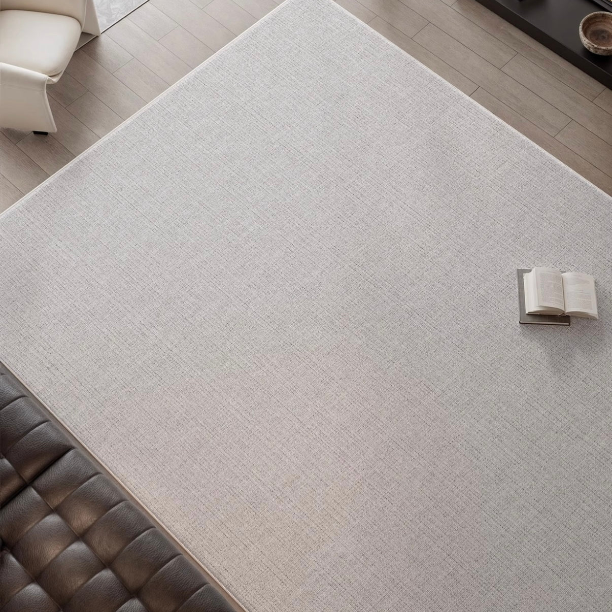 Slate Gray Area Rug shown in close-up from above in a modern living room setting