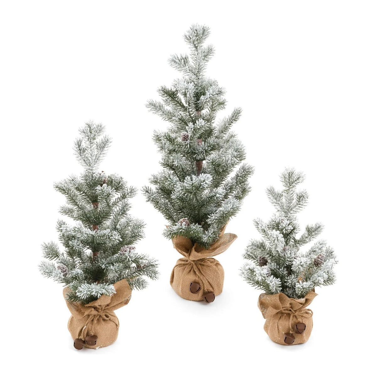 Small, medium, and large snow-flocked tabletop trees with burlap bases and bells
