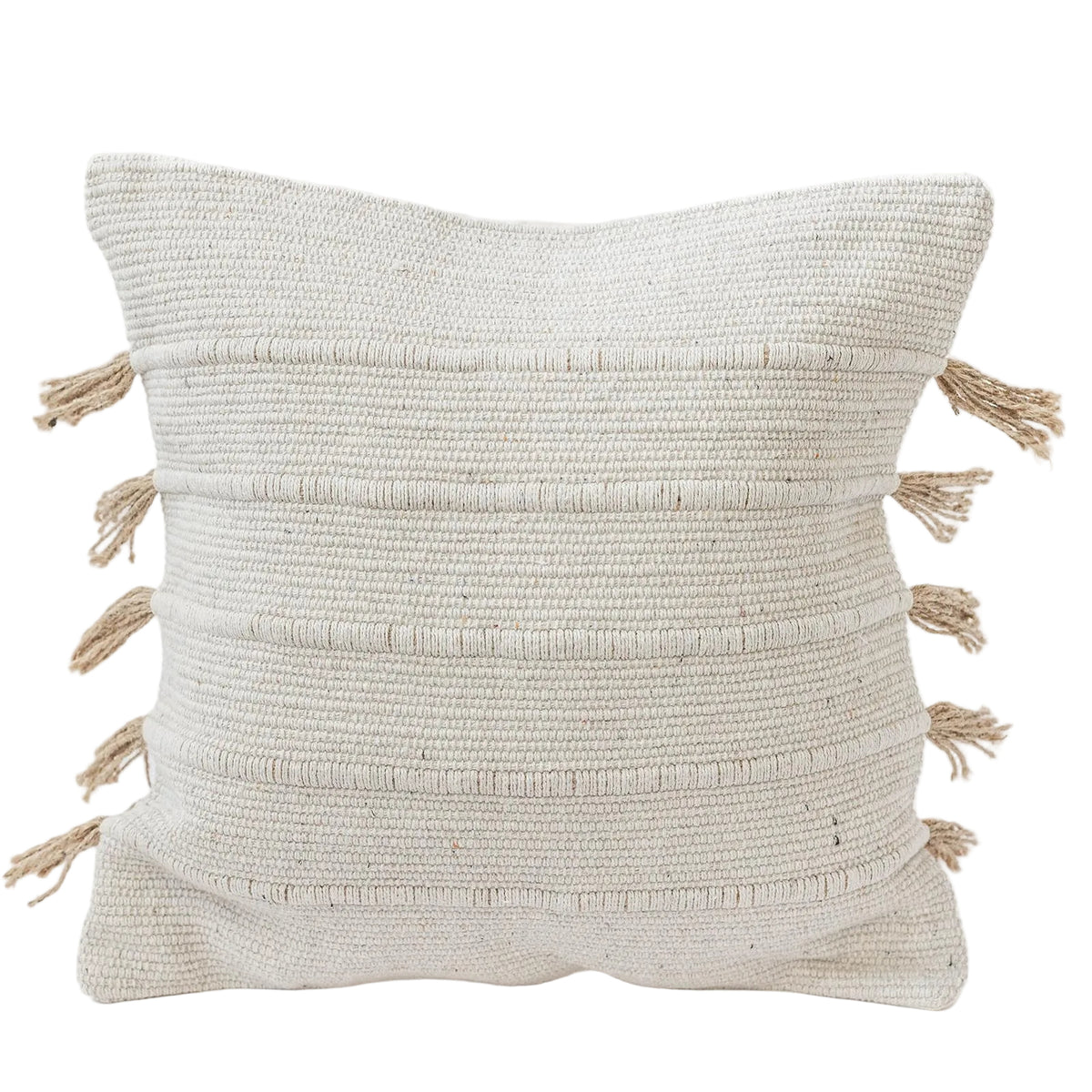 Textured pillow with tassels on a white background