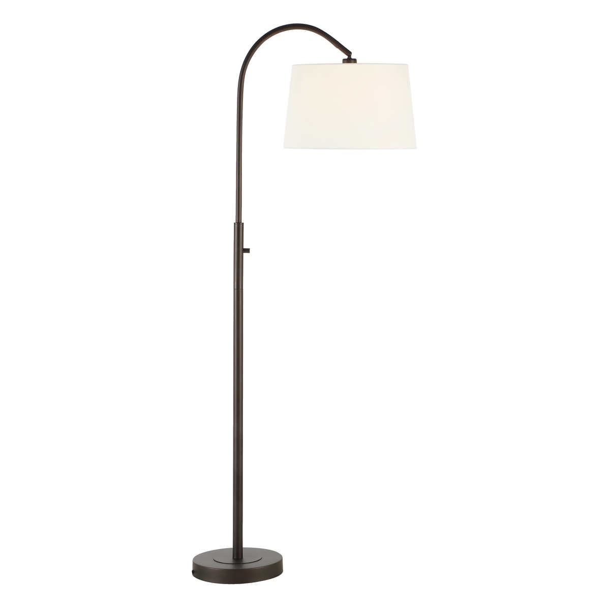 Solenne Arc Floor Lamp in painted bronze illuminated to show the warm glow through its off-white linen shade.