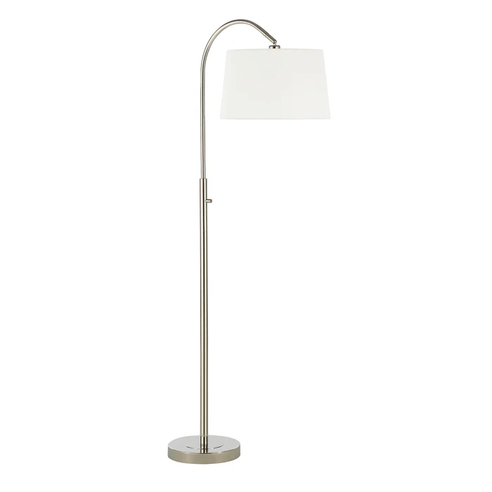 Solenne Arc Floor Lamp shown from the front in a polished nickel finish with an off-white linen shade.