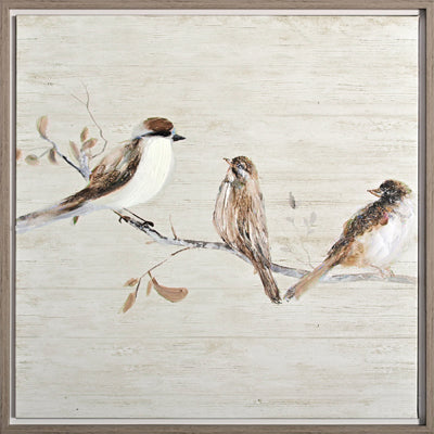 Framed artwork of birds on a branch with a neutral background