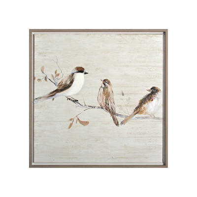 Framed artwork of birds on a branch with a neutral background