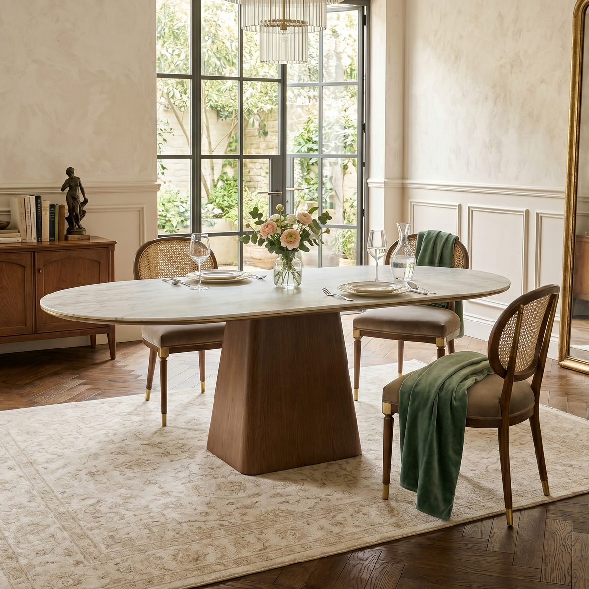 Sorella Pedestal Table styled in a warm contemporary dining room