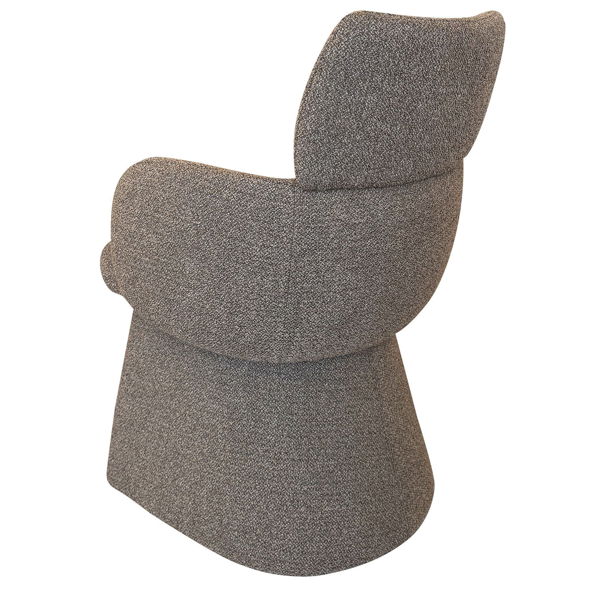 Rear angled view of the charcoal Soren bouclé dining chair and curved upholstered back