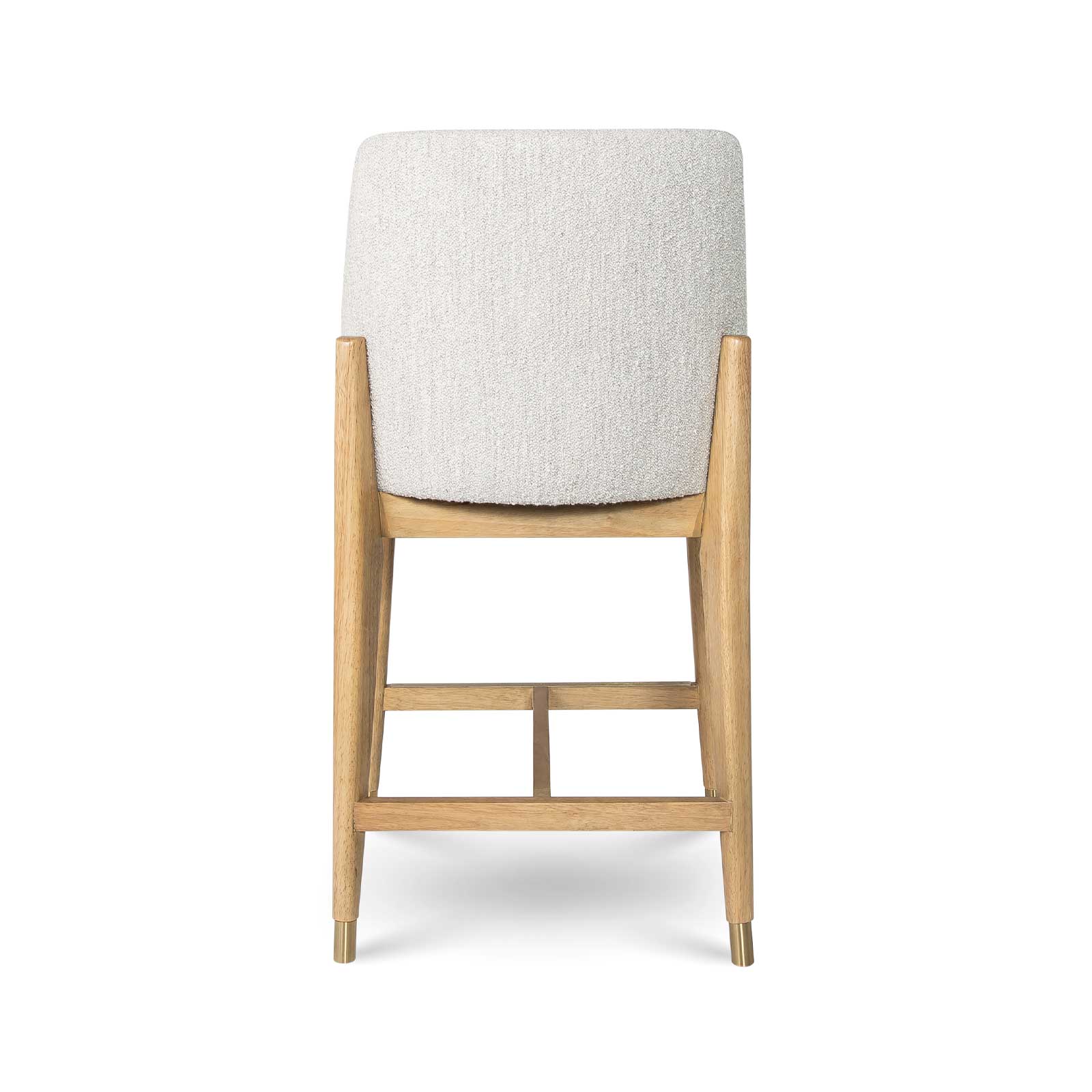 Rear view of the Sterling stool showcasing the clean lines of the blonde wood frame and the seamless taupe bouclé upholstery.