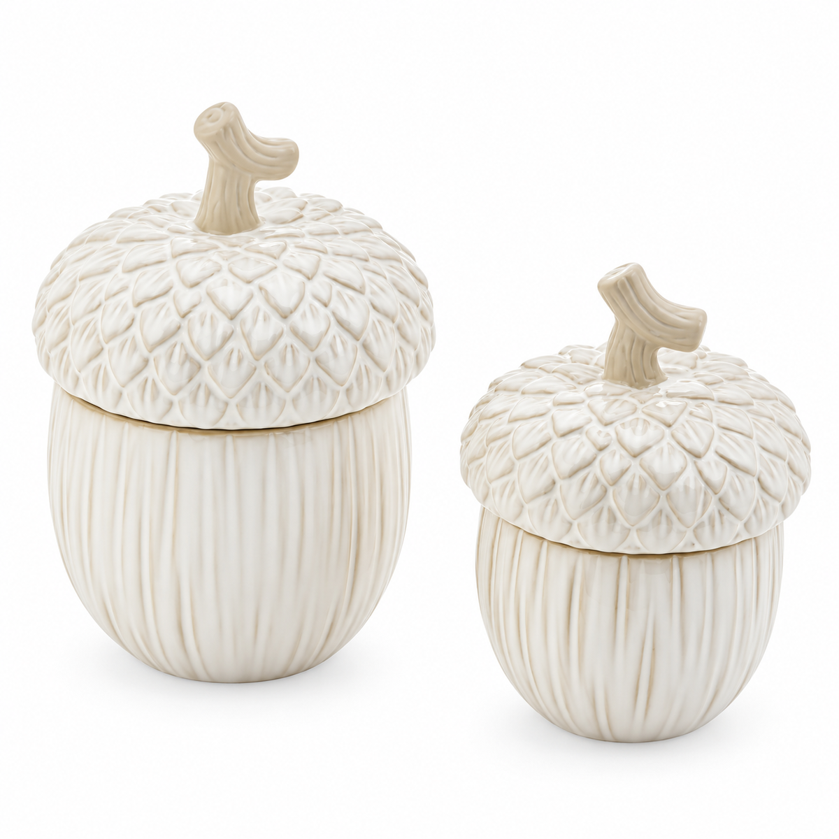 Sylvie off-white porcelain acorn jars in small and large sizes