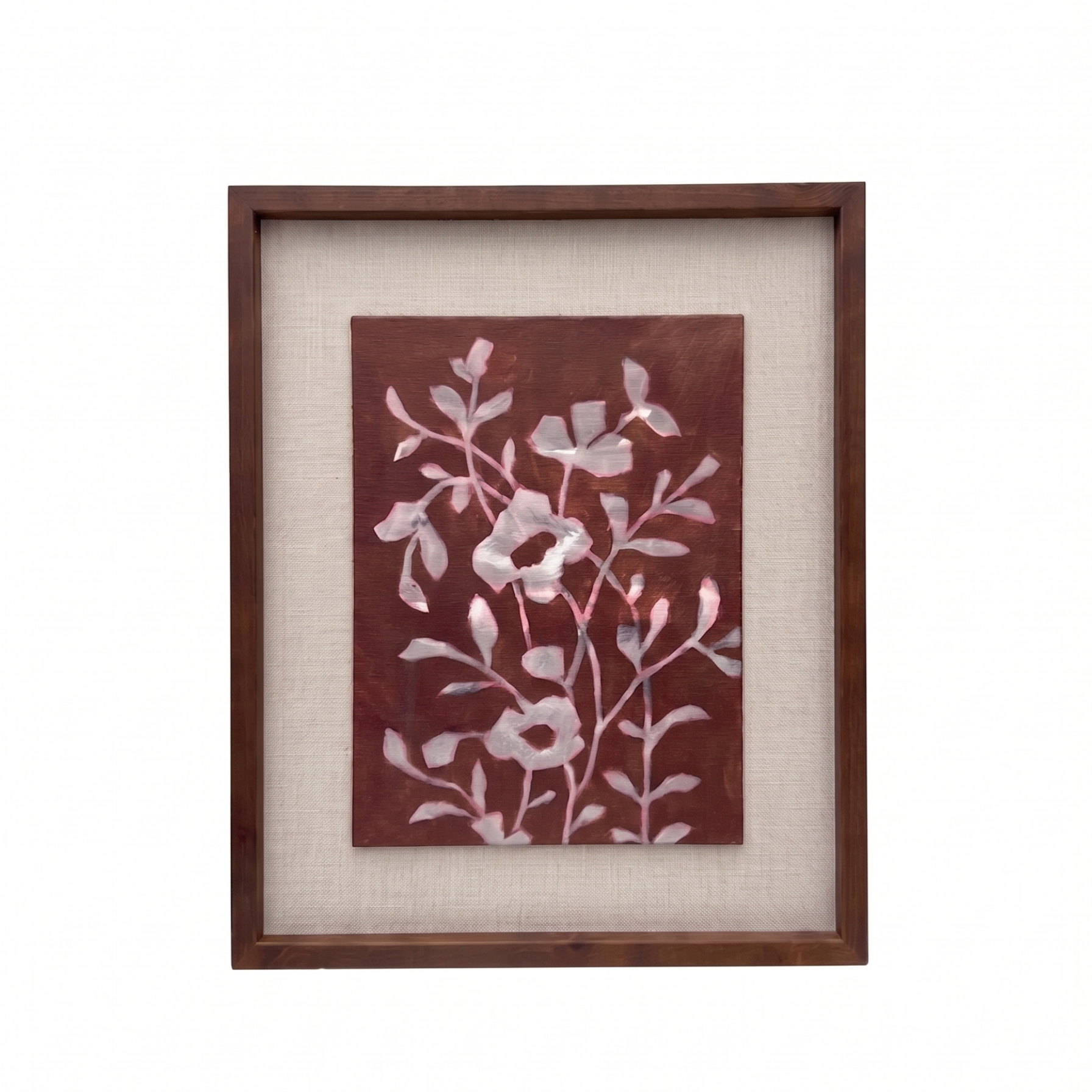 Framed artwork with floral design on a red background