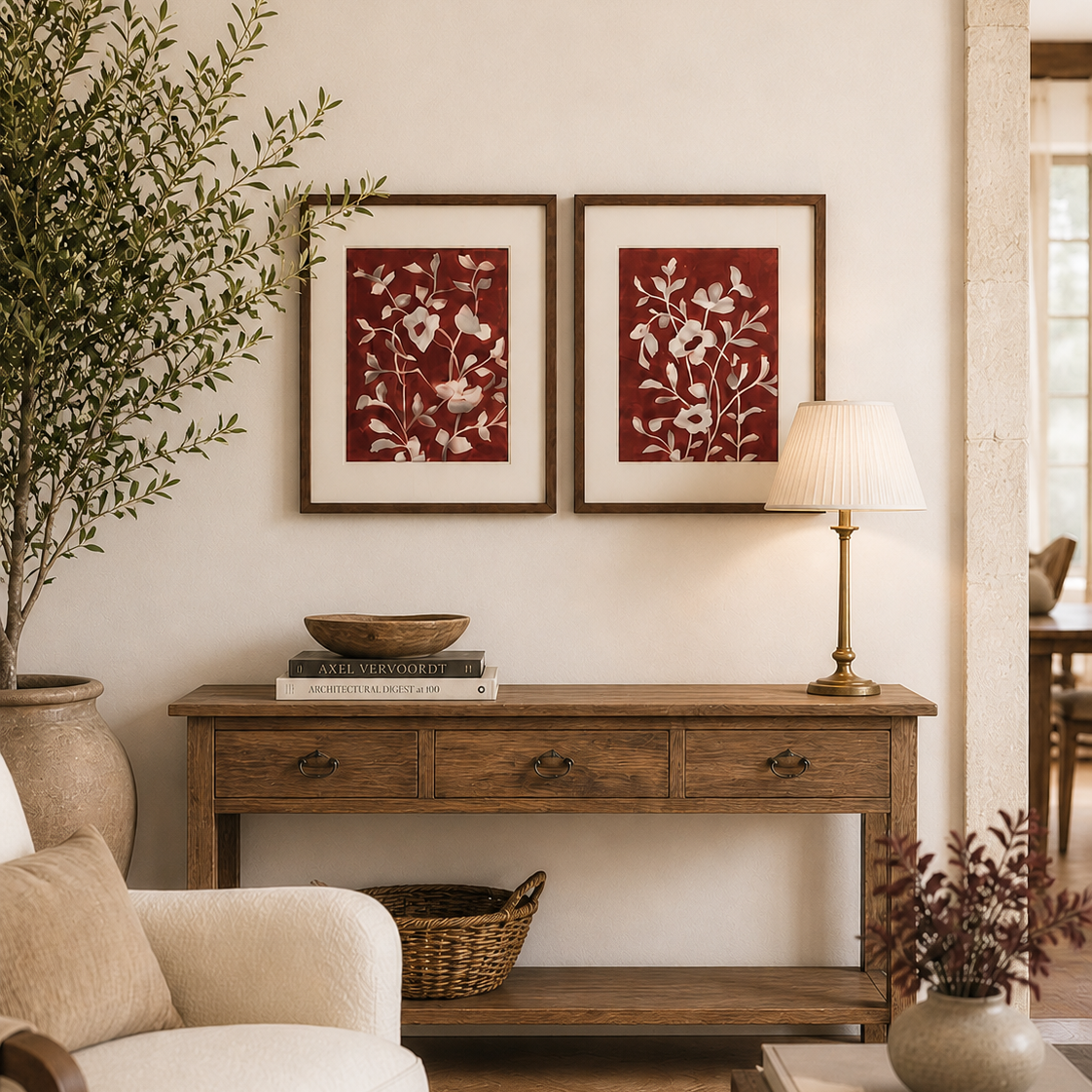 Living room with a wooden console table, armchair, and decorative elements.