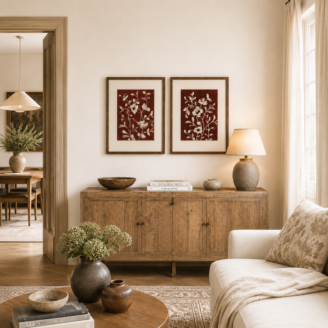 Two framed floral prints on a wall above a wooden dresser with baskets and fruit.