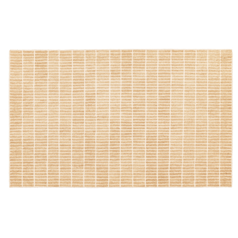 Full view of the Tessera Hand-Tufted Wool Grid Rug in sand with a warm beige field and ivory linear grid pattern.