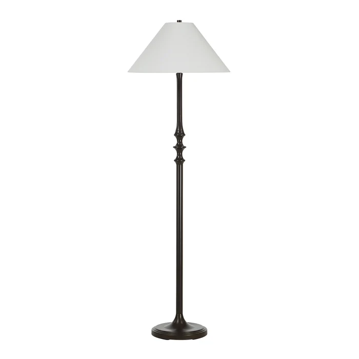 Thalia Dark Bronze Floor Lamp shown from the front with its sculpted iron stem and tapered linen shade.