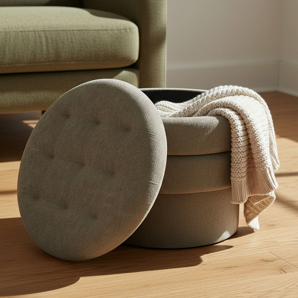 Round cushioned ottoman with a blanket draped over it on a wooden floor.