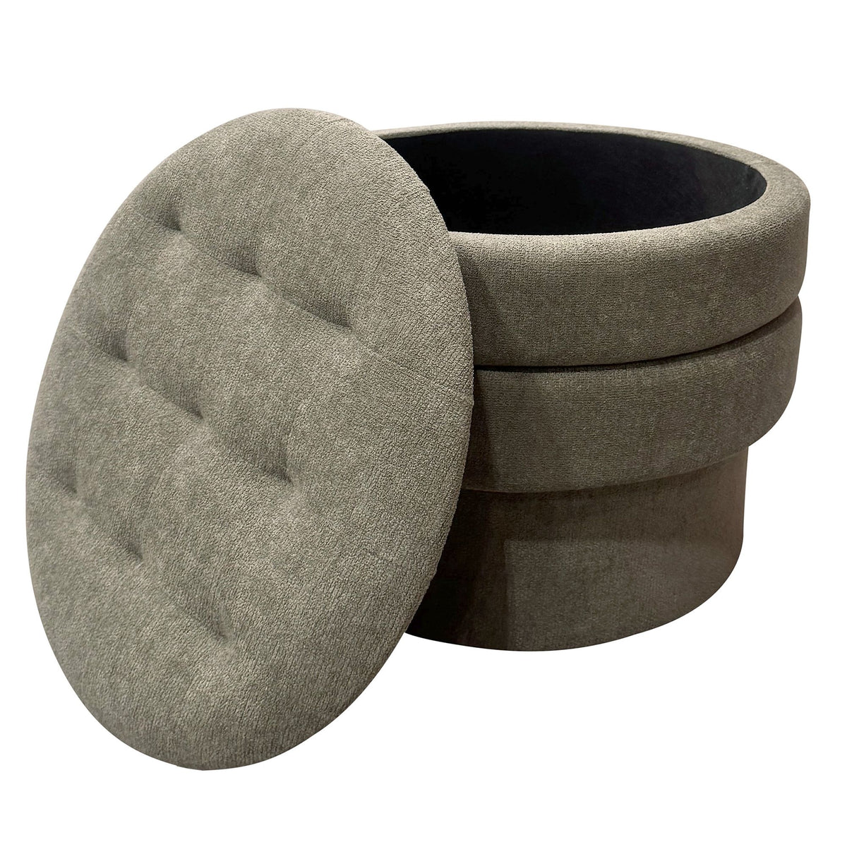 Moss color chenille fabric ottoman with tufted design on a white background