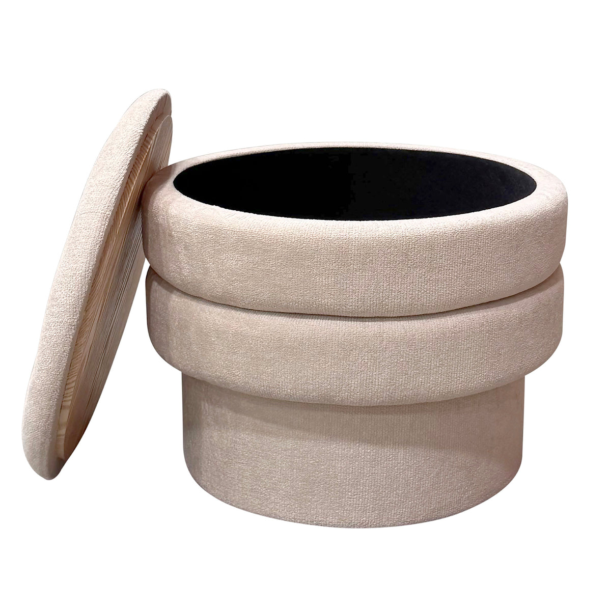 Beige fabric ottoman with a black interior on a white background