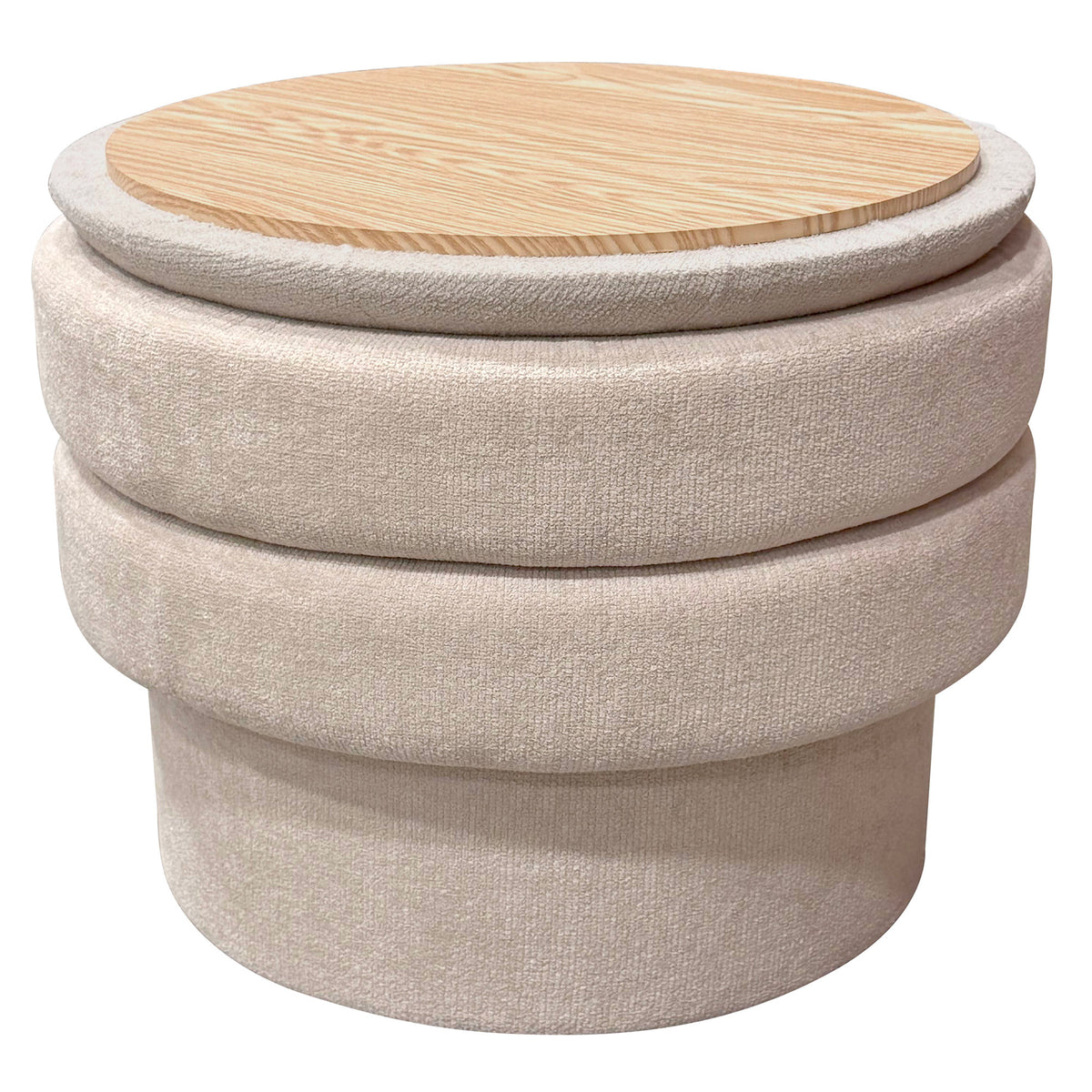 Stackable ottoman with wooden top on a white background