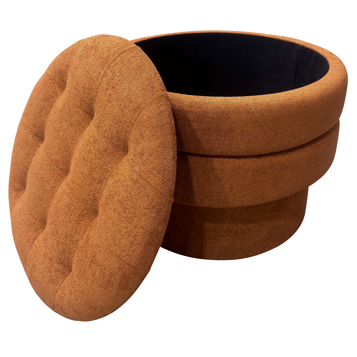 Brown cushioned ottoman with a tufted lid on a white background
