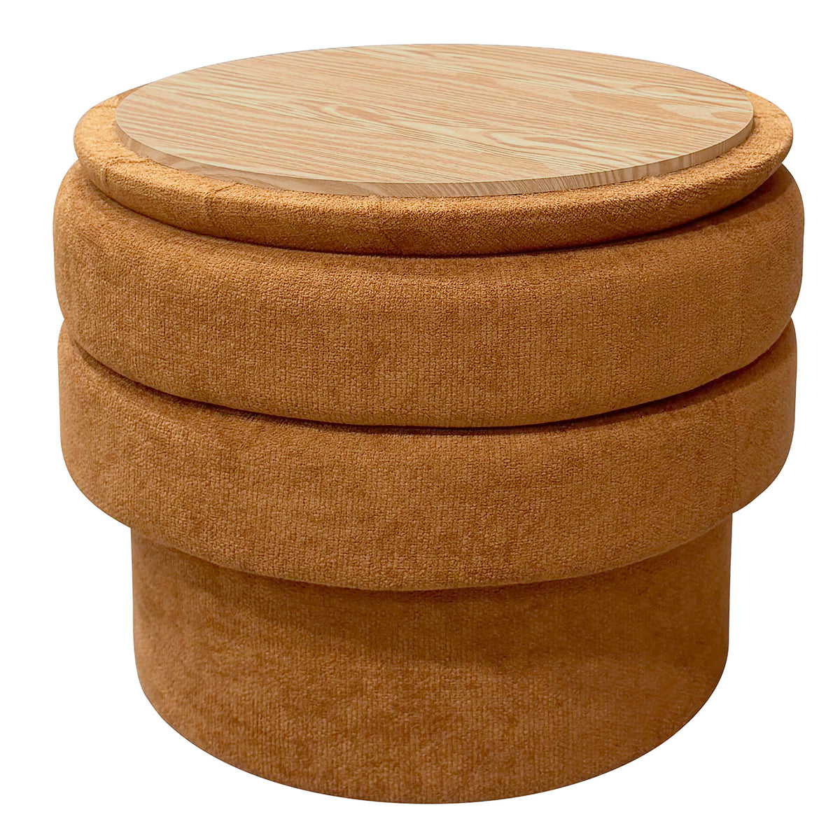 Brown cylindrical ottoman with a wooden top on a white background