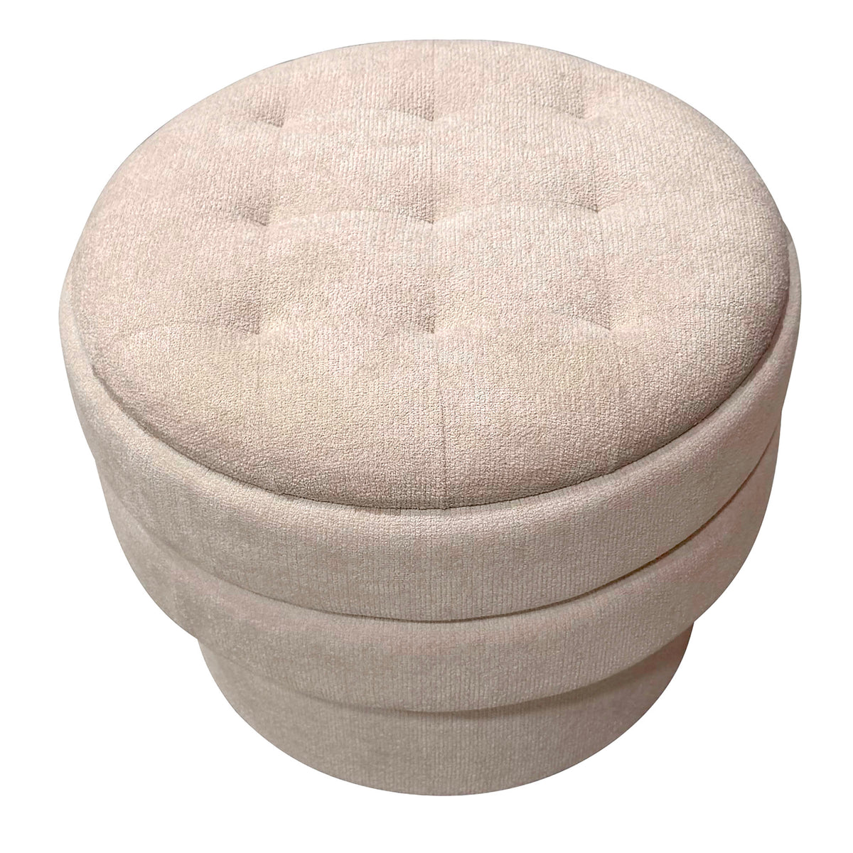Beige fabric ottoman with tufted top on a white background