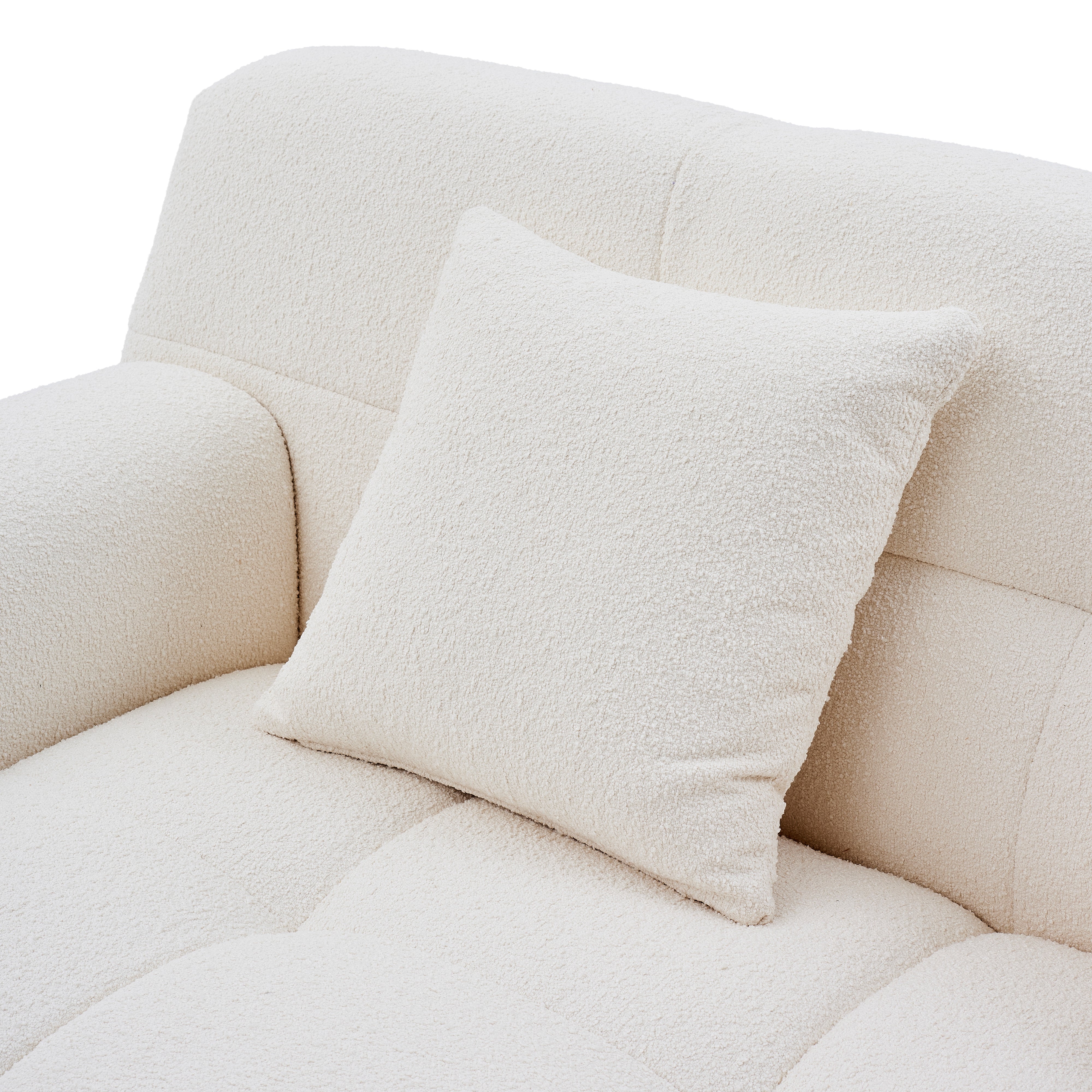 Cream Gummy Sofa with a same boucle mateiral pillow on a white background