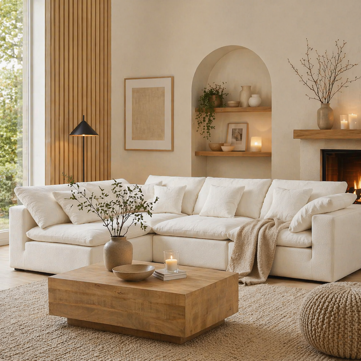 High-end neutral living room setting showcasing the cozy ivory white modular cloud couch layout.