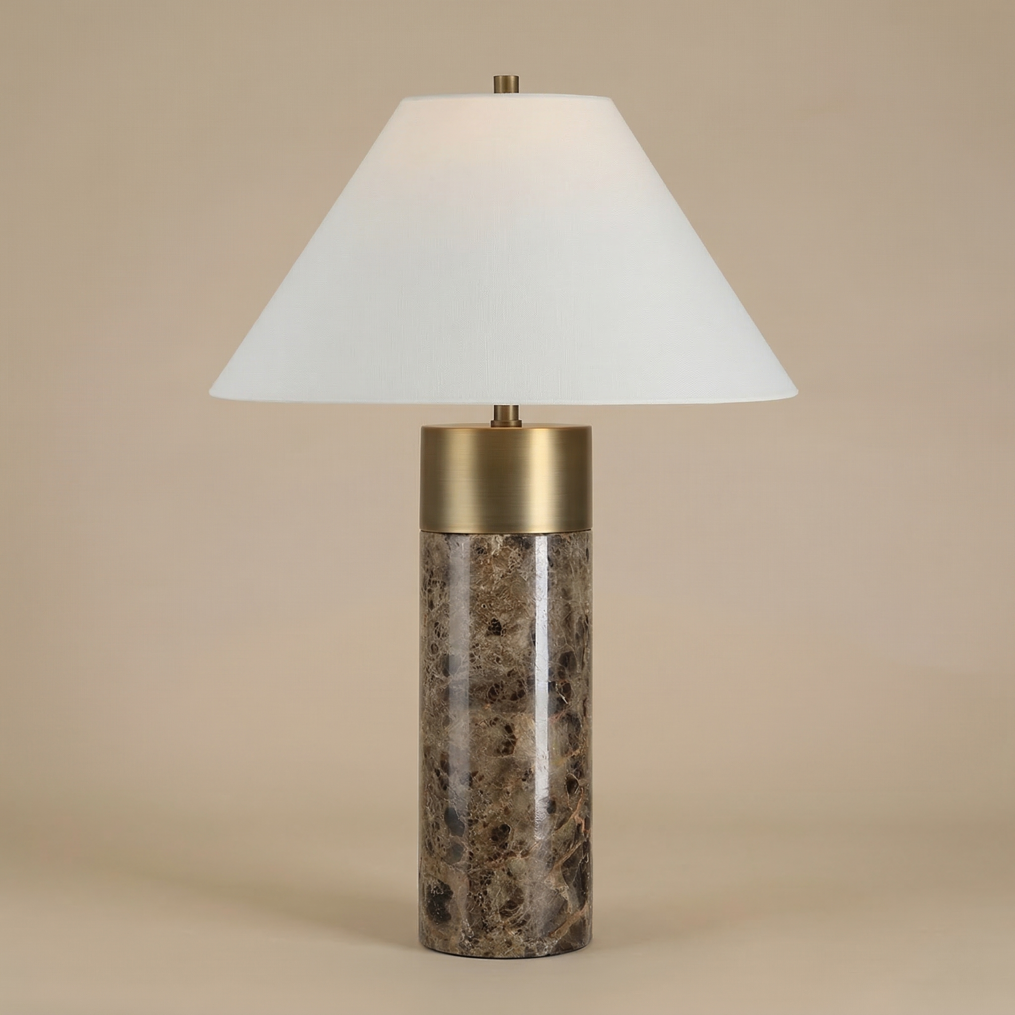 Full front view of the Valance table lamp featuring a brown marble cylindrical base, brushed brass collar, and white tapered shade.