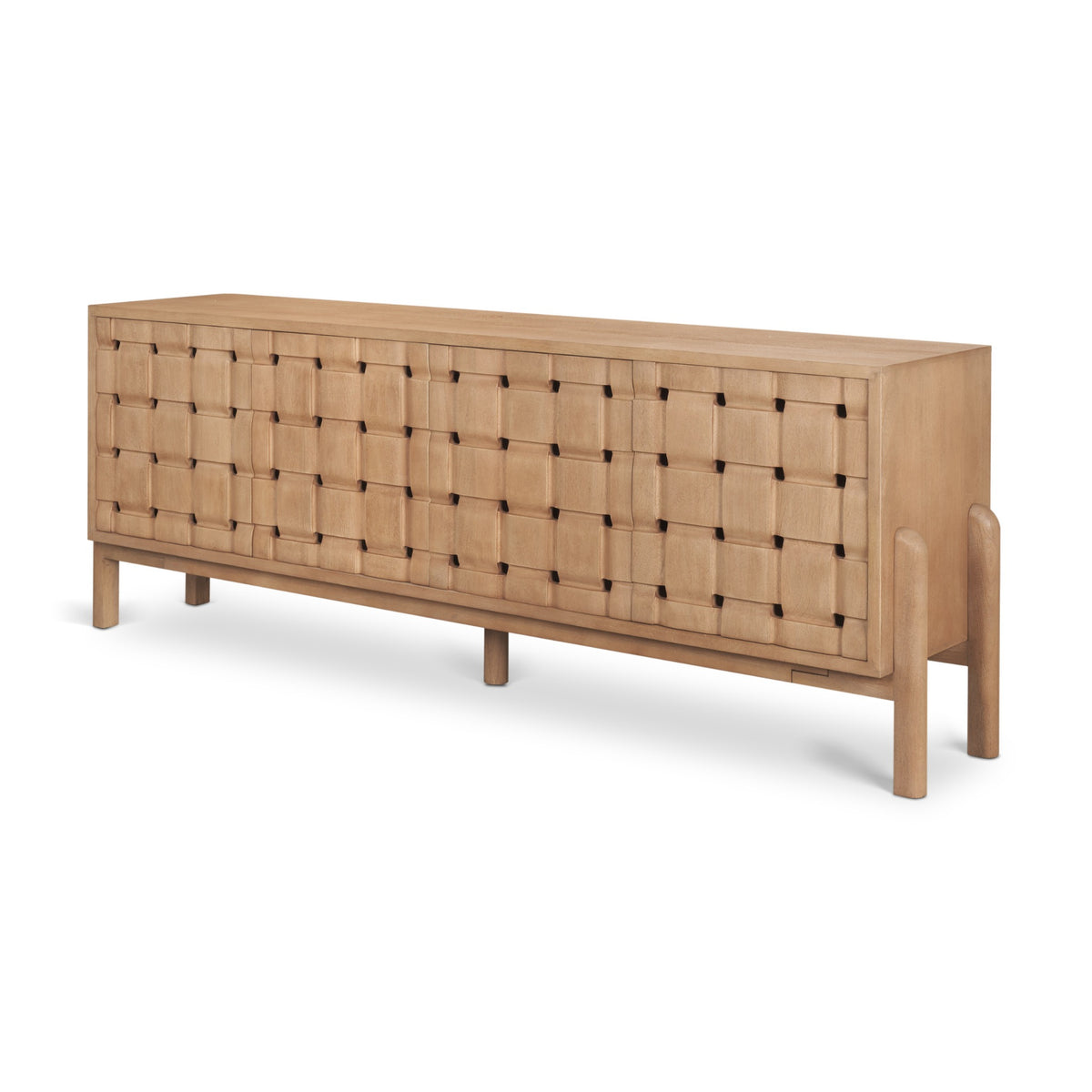Angled studio view of the Varelle Carved Mango Wood Sideboard showing the carved woven four-door front and raised solid wood frame.