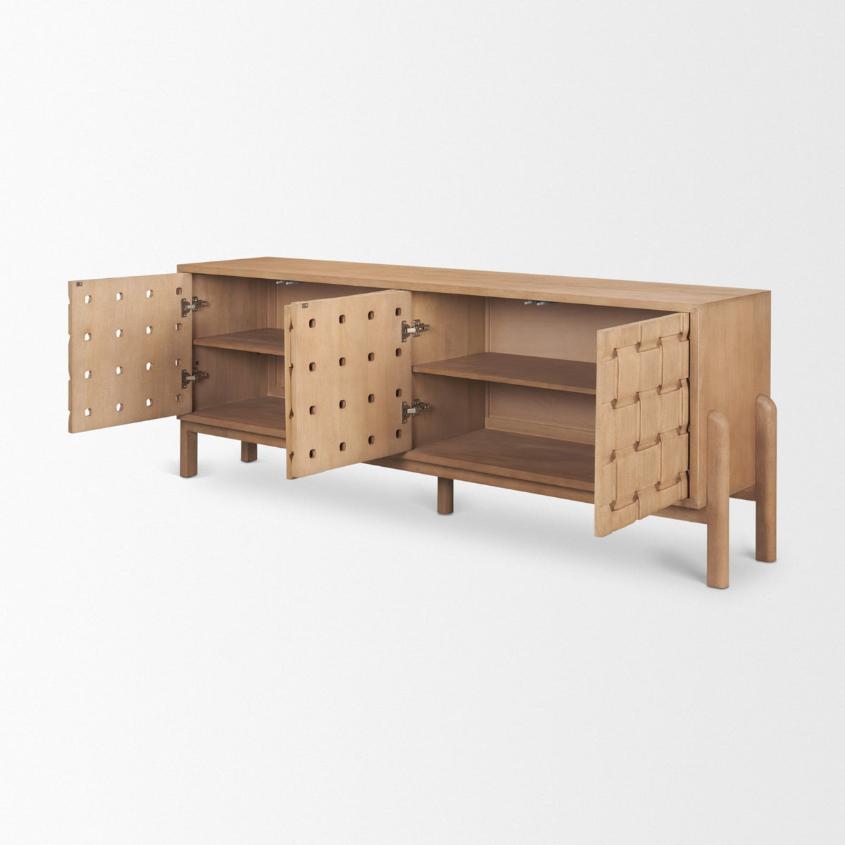 Varelle Carved Mango Wood Sideboard with all four doors open, revealing two cabinet compartments with interior shelving.